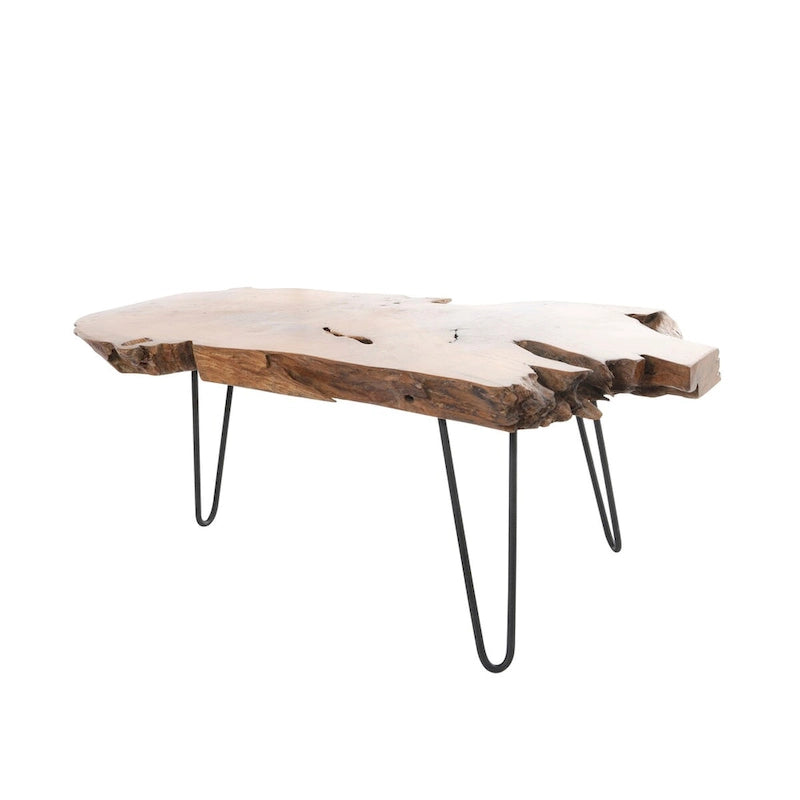 Table basse en bois faite à la main avec plateau à bords naturels et pieds épingles en métal noir