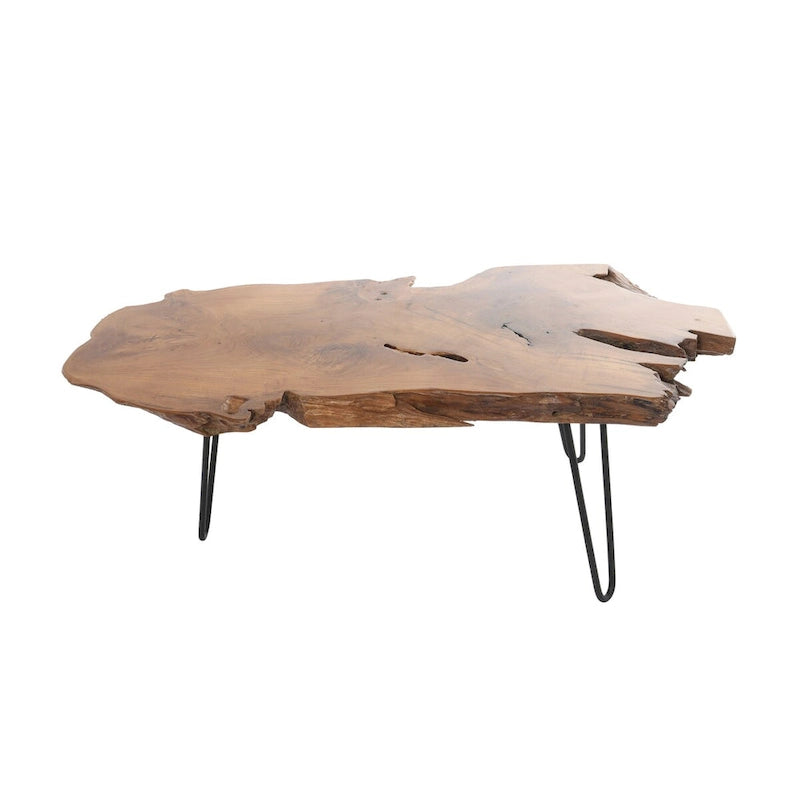 Table basse en bois faite à la main avec plateau à bords naturels et pieds épingles en métal noir