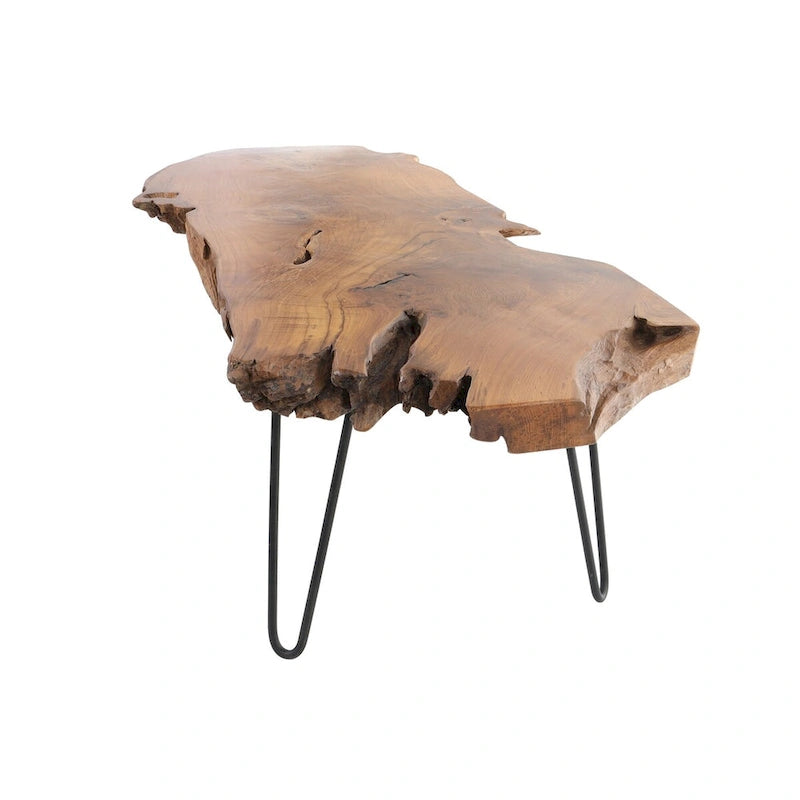 Table basse en bois faite à la main avec plateau à bords naturels et pieds épingles en métal noir