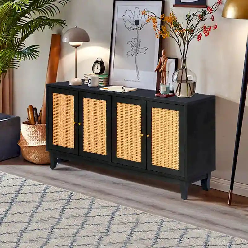 Buffet en rotin noir avec 4 portes et étagères réglables