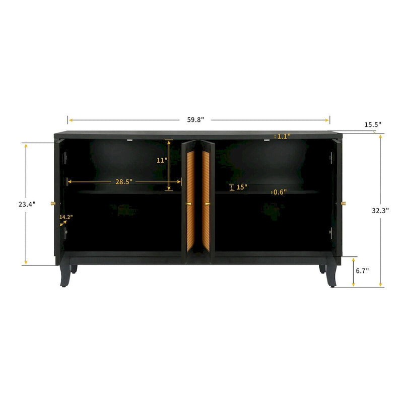 Buffet en rotin noir avec 4 portes et étagères réglables