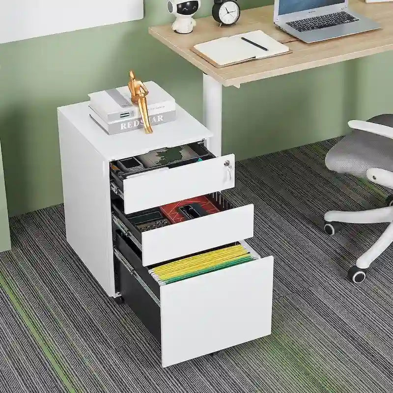 Caisson de rangement mobile à 3 tiroirs avec serrure pour dossiers format légal/lettre/A4/F4, entièrement assemblé avec roulettes