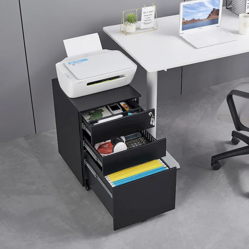 Caisson de rangement mobile à 3 tiroirs avec serrure pour dossiers format légal/lettre/A4/F4, entièrement assemblé avec roulettes