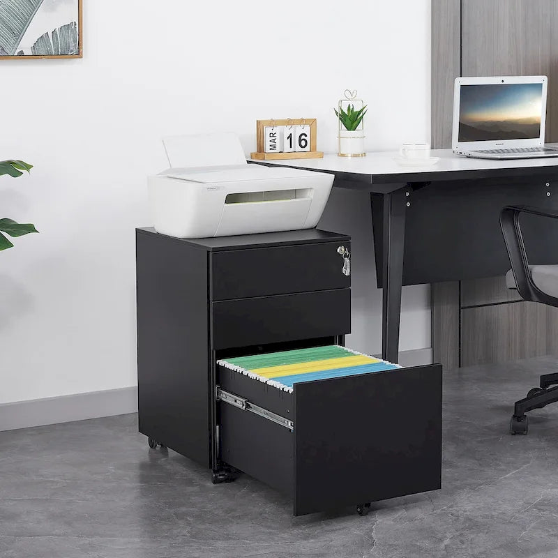 Caisson de rangement mobile à 3 tiroirs avec serrure pour dossiers format légal/lettre/A4/F4, entièrement assemblé avec roulettes