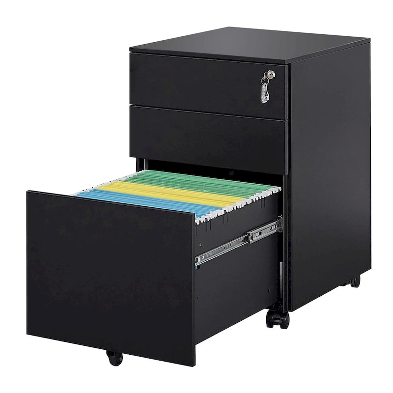 Caisson de rangement mobile à 3 tiroirs avec serrure pour dossiers format légal/lettre/A4/F4, entièrement assemblé avec roulettes