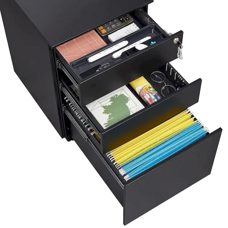 Caisson de rangement mobile à 3 tiroirs avec serrure pour dossiers format légal/lettre/A4/F4, entièrement assemblé avec roulettes