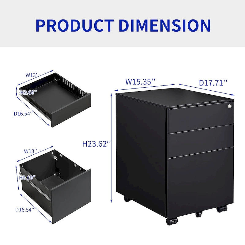 Caisson de rangement mobile à 3 tiroirs avec serrure pour dossiers format légal/lettre/A4/F4, entièrement assemblé avec roulettes
