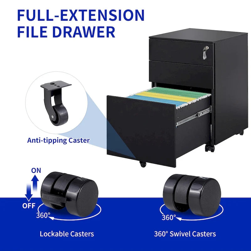 Caisson de rangement mobile à 3 tiroirs avec serrure pour dossiers format légal/lettre/A4/F4, entièrement assemblé avec roulettes