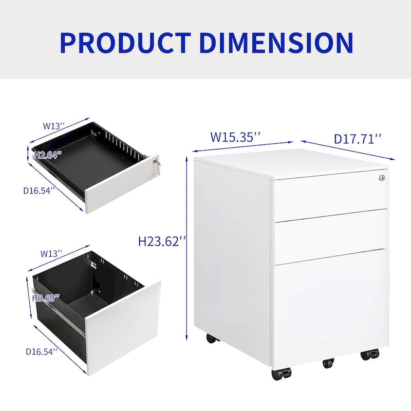 Caisson de rangement mobile à 3 tiroirs avec serrure pour dossiers format légal/lettre/A4/F4, entièrement assemblé avec roulettes