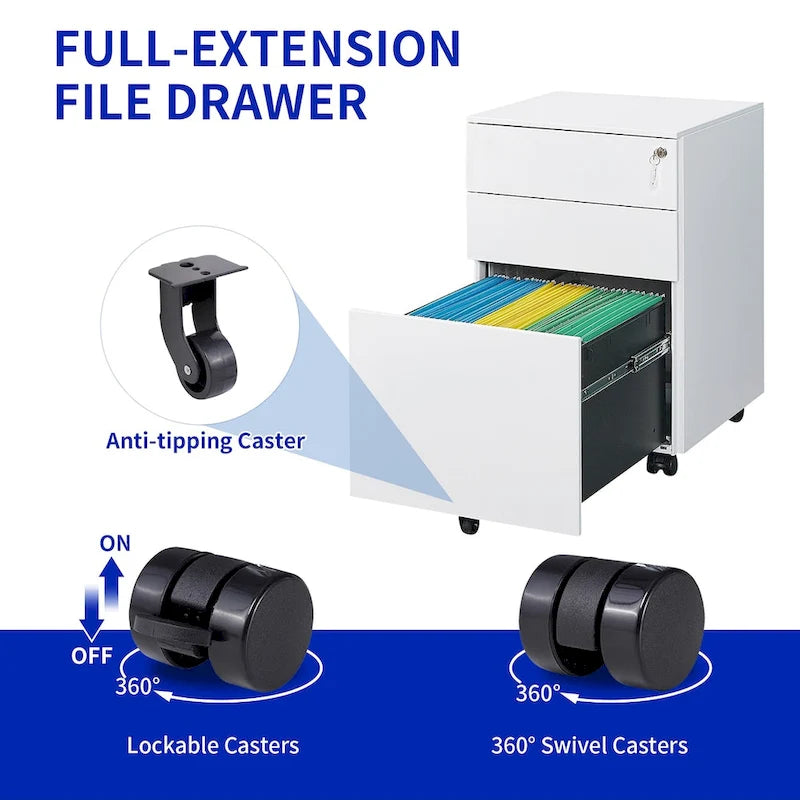 Caisson de rangement mobile à 3 tiroirs avec serrure pour dossiers format légal/lettre/A4/F4, entièrement assemblé avec roulettes